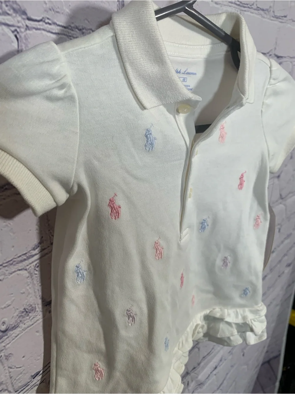 Ralph Lauren Core Replin Ruffle Polo Dress White Embroidered Logo Sz 3M NWT